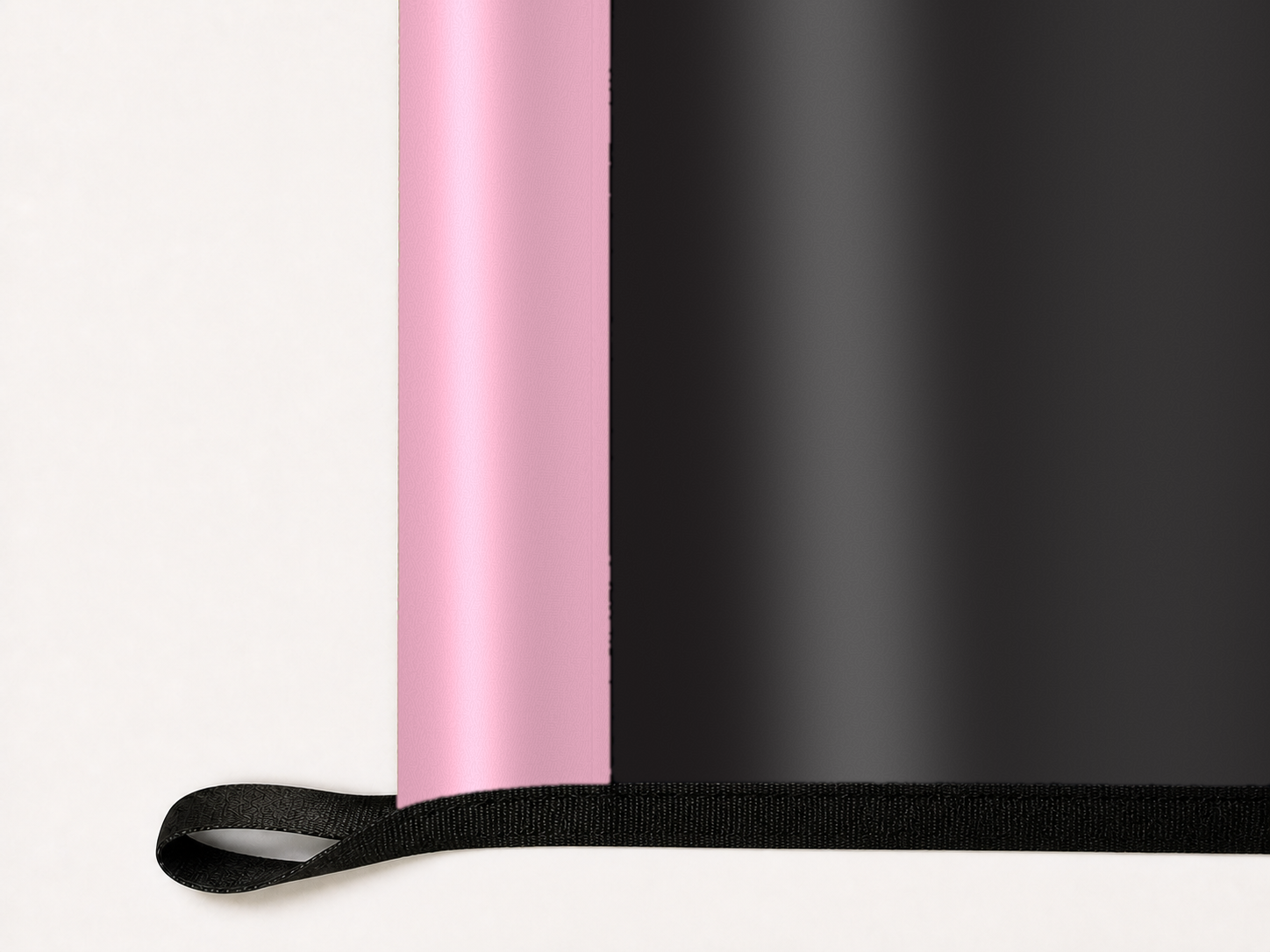 Inter Miami CF Authentic Gameday Flag underside and personalization construction view — continuous restrained woven-satin Inter Miami CF Accent header, textured Inter Miami CF Primary face, lower black loop and perimeter webbing — source_sha256=c2ac03aa5d66c1e510b4067063198e1f68a1ea99dc043ae2eef38b9f1e82dbb9