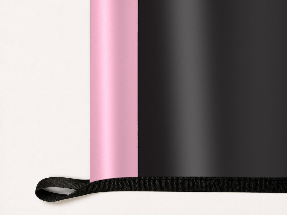 Inter Miami CF Authentic Gameday Flag underside and personalization construction view — continuous restrained woven-satin Inter Miami CF Accent header, textured Inter Miami CF Primary face, lower black loop and perimeter webbing — source_sha256=c2ac03aa5d66c1e510b4067063198e1f68a1ea99dc043ae2eef38b9f1e82dbb9