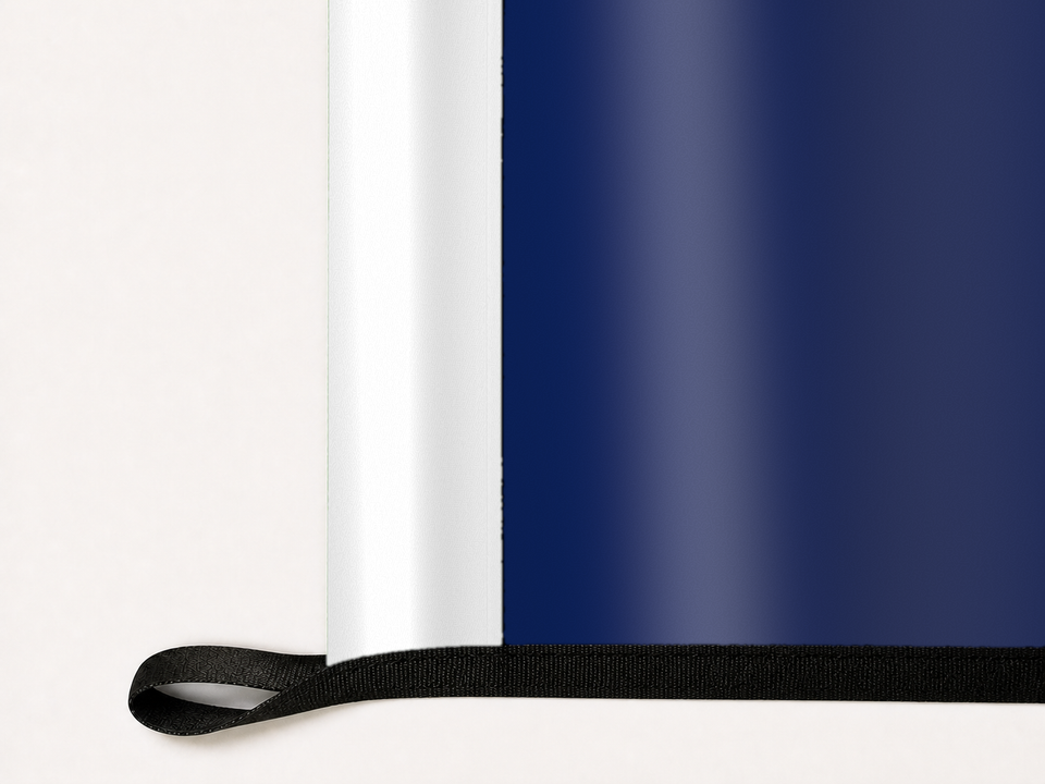 LA Galaxy Authentic Gameday Flag underside and personalization construction view — continuous restrained woven-satin LA Galaxy Accent header, textured LA Galaxy Primary face, lower black loop and perimeter webbing — source_sha256=0ea22388ee1c04b0f827bca98cdb00f20c4fe20caf8d5137f415745dcd74f8f0