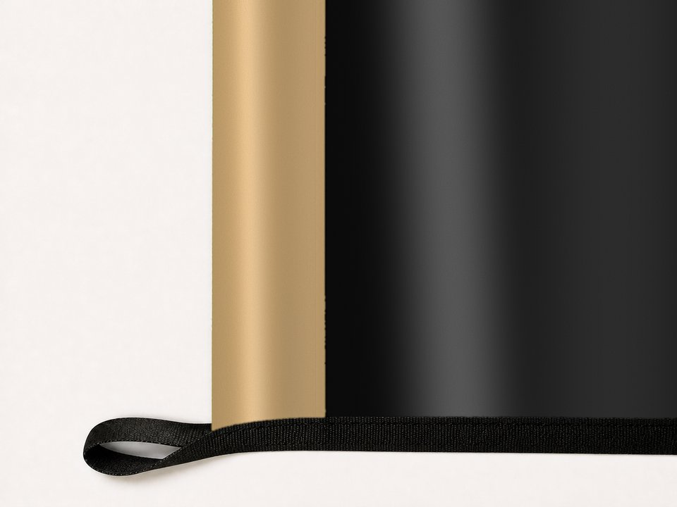 LAFC Authentic Gameday Flag underside and personalization construction view — continuous restrained woven-satin LAFC Accent header, textured LAFC Primary face, lower black loop and perimeter webbing — source_sha256=fc737d854e9cdb0a9ceb25690e42cda1566ef97c66d3b59712667f528700f50b