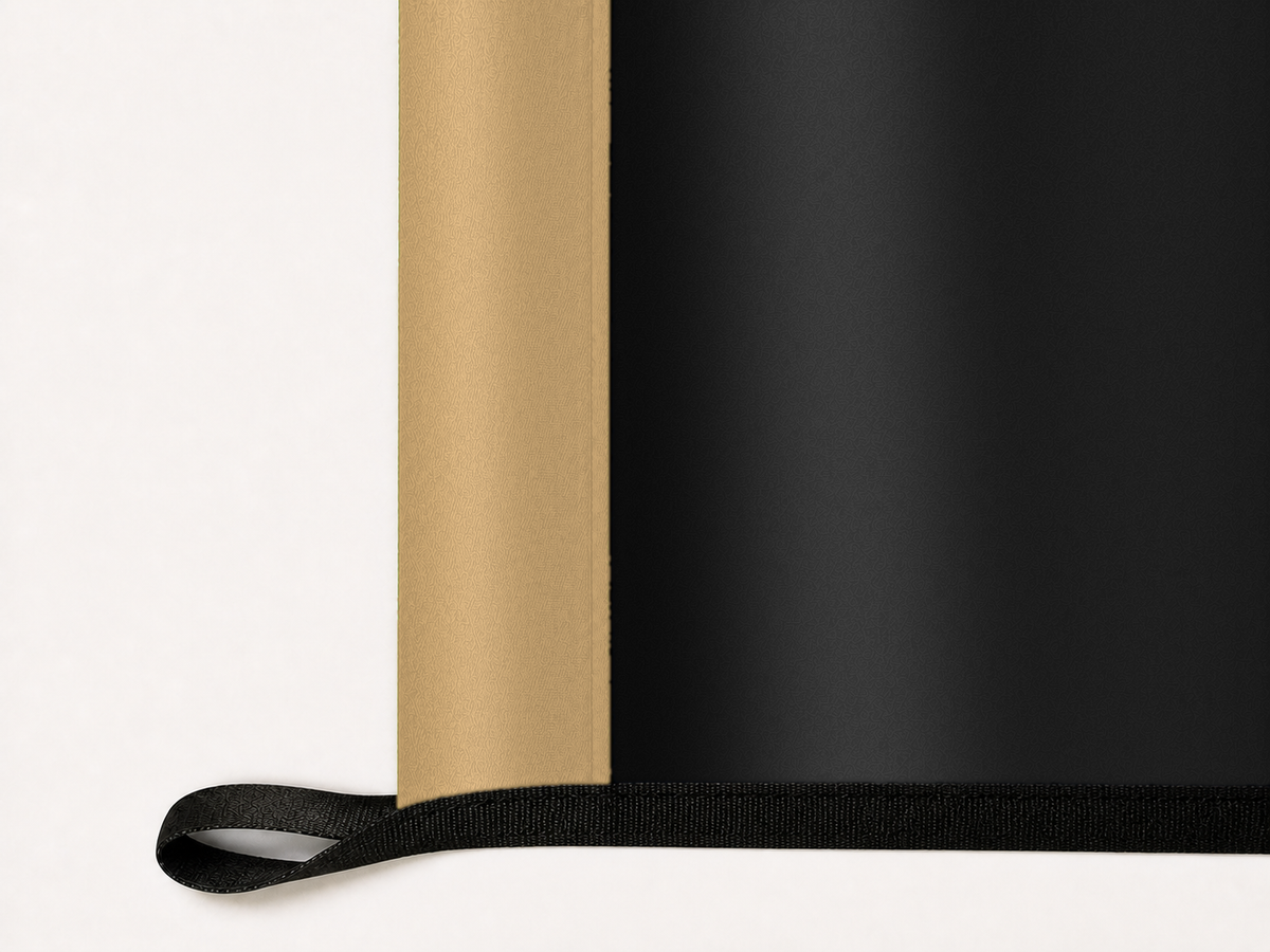LAFC Authentic Gameday Flag underside and personalization construction view — continuous restrained woven-satin LAFC Accent header, textured LAFC Primary face, lower black loop and perimeter webbing — source_sha256=63b7e0666f80f822b9387f46b787bd9eacd1eb6ca3dc64a10ff4500fa0b435bc