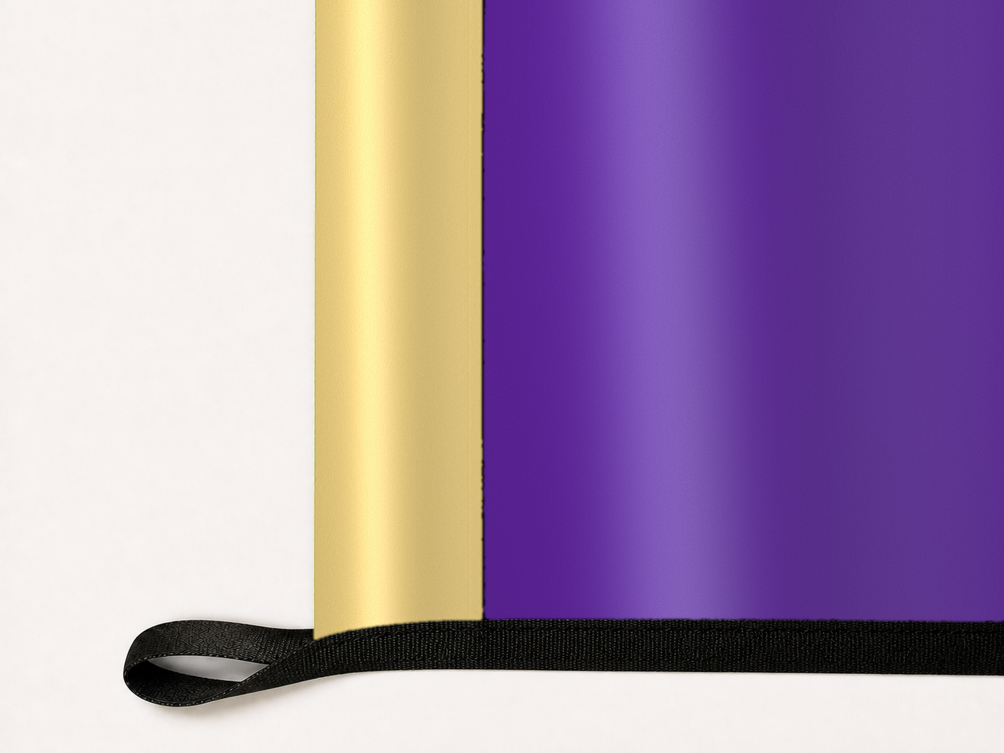 Orlando City SC Authentic Gameday Flag underside and personalization construction view — continuous restrained woven-satin Orlando City SC Accent header, textured Orlando City SC Primary face, lower black loop and perimeter webbing — source_sha256=33d2acb623d770f8018e3afd2f3a39ffe3a51f475cb8d13f907e4b4ad38f6cfe