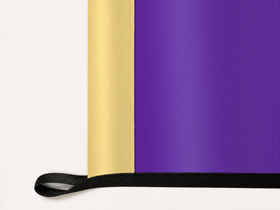 Orlando City SC Authentic Gameday Flag underside and personalization construction view — continuous restrained woven-satin Orlando City SC Accent header, textured Orlando City SC Primary face, lower black loop and perimeter webbing — source_sha256=847130028835bf031b6cffc9ecaf4f86ba2925e8c12a70d9d082f3387bf7de91