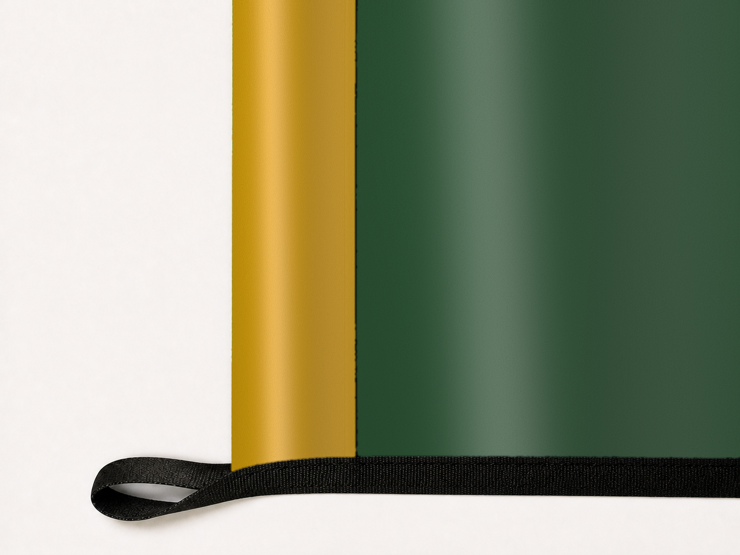 Portland Timbers Authentic Gameday Flag underside and personalization construction view — continuous restrained woven-satin Portland Timbers Accent header, textured Portland Timbers Primary face, lower black loop and perimeter webbing — source_sha256=a535abe6e75890f6ffea59f40ac14d823b9b4a3bcc838e61dafdeaf0cbac9425