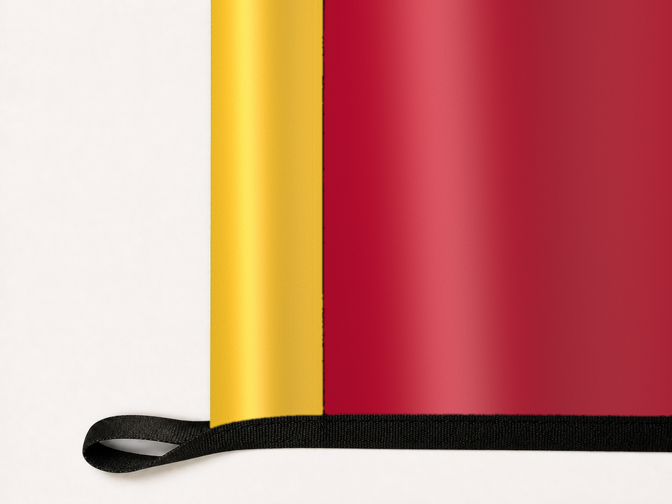Red Bull New York Authentic Gameday Flag underside and personalization construction view — continuous restrained woven-satin Red Bull New York Accent header, textured Red Bull New York Primary face, lower black loop and perimeter webbing — source_sha256=0bedb5cecca33e8779c57de2b1357ebfd61078822be82bfa3e90bc46f3906eb6