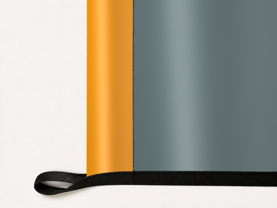 San Diego FC Authentic Gameday Flag underside and personalization construction view — continuous restrained woven-satin San Diego FC Accent header, textured San Diego FC Primary face, lower black loop and perimeter webbing — source_sha256=fed7a3f95a3709f1b383cc60d364e23ecf6bf3d1f24db2756040dc82a3c66681