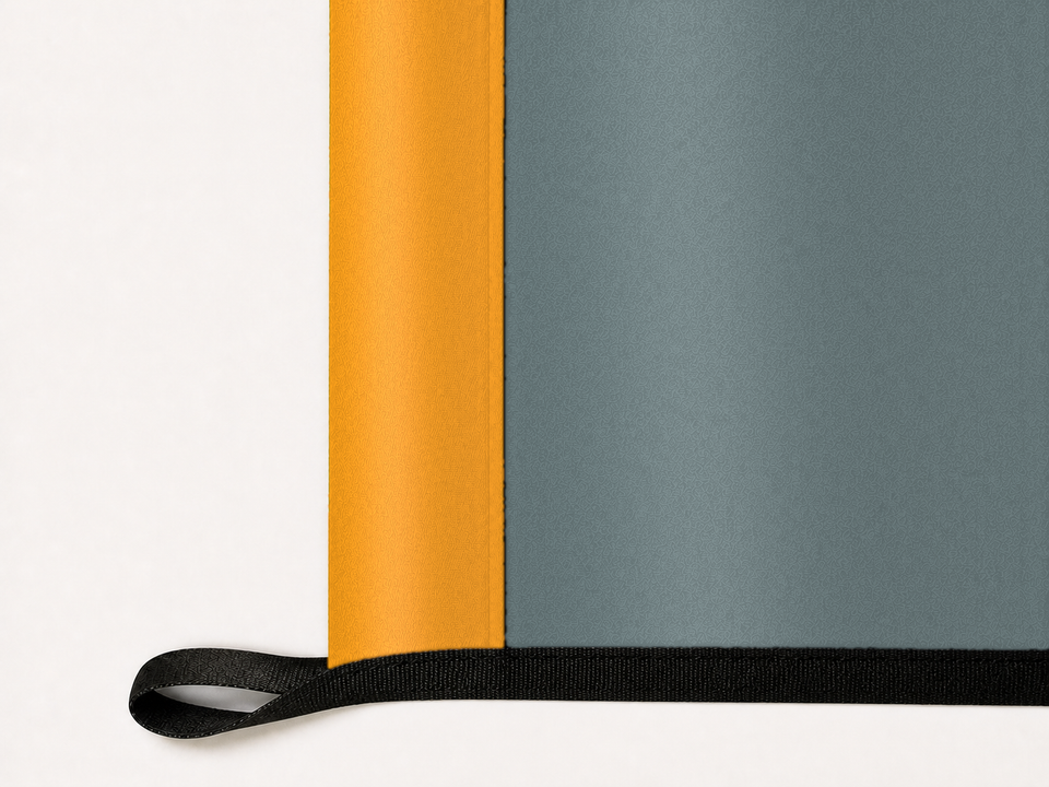 San Diego FC Authentic Gameday Flag underside and personalization construction view — continuous restrained woven-satin San Diego FC Accent header, textured San Diego FC Primary face, lower black loop and perimeter webbing — source_sha256=79b3420e30ed91c4e422221216ff3195bd75481ee7ea3368d79f2036cae74627