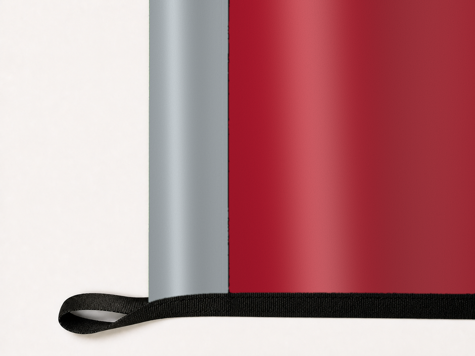 Toronto FC Authentic Gameday Flag underside and personalization construction view — continuous restrained woven-satin Toronto FC Accent header, textured Toronto FC Primary face, lower black loop and perimeter webbing — source_sha256=1092eef3d09d3fa5d1e3d2229e0b91709ff84550b60fc8c0272eceefc0d02dcf