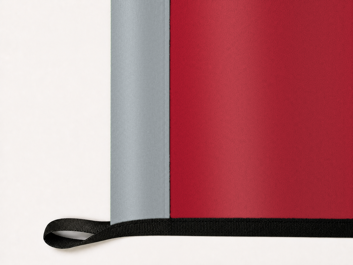 Toronto FC Authentic Gameday Flag underside and personalization construction view — continuous restrained woven-satin Toronto FC Accent header, textured Toronto FC Primary face, lower black loop and perimeter webbing — source_sha256=1874cb8479a6761e13adb4cc8c463410323bd61f7e2ac2589935f98e8aecbf13