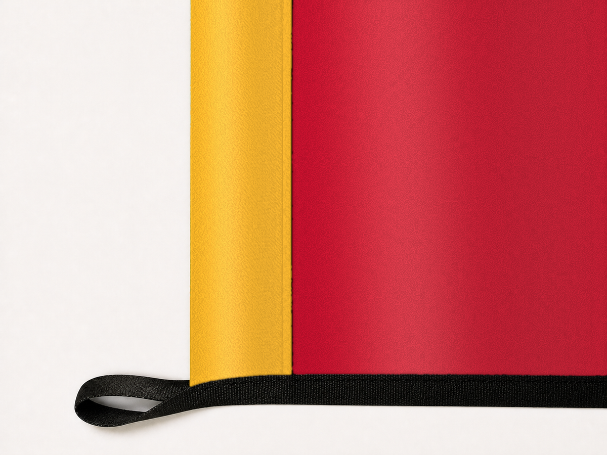 Atlanta Hawks Authentic Gameday Flag underside and personalization construction view — continuous restrained woven-satin Atlanta Hawks Accent header, textured Atlanta Hawks Primary face, lower black loop and perimeter webbing — source_sha256=fba5ab84c9ceb911f20f75adf4b7184fe8a8b3eb58b1cb19663d3dbac1f7ec35