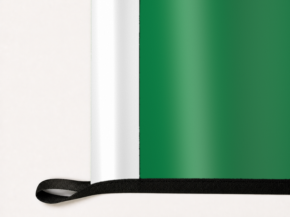 Boston Celtics Authentic Gameday Flag underside and personalization construction view — continuous restrained woven-satin Boston Celtics Accent header, textured Boston Celtics Primary face, lower black loop and perimeter webbing — source_sha256=bb57dd0c33a208ffae823867f9d71e13bd72b4ffdccb186b7a7de51780d4c7e4