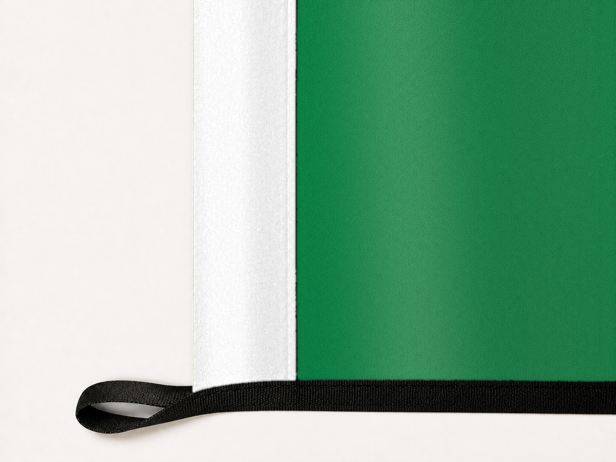 Boston Celtics Authentic Gameday Flag underside and personalization construction view — continuous restrained woven-satin Boston Celtics Accent header, textured Boston Celtics Primary face, lower black loop and perimeter webbing — source_sha256=16f82704f18c9ab9c2564f3a6a8ca7cdc1734d17d096ed7bb49a90dbb39fafbc