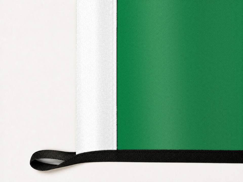 Boston Celtics Authentic Gameday Flag underside and personalization construction view — continuous restrained woven-satin Boston Celtics Accent header, textured Boston Celtics Primary face, lower black loop and perimeter webbing — source_sha256=16f82704f18c9ab9c2564f3a6a8ca7cdc1734d17d096ed7bb49a90dbb39fafbc