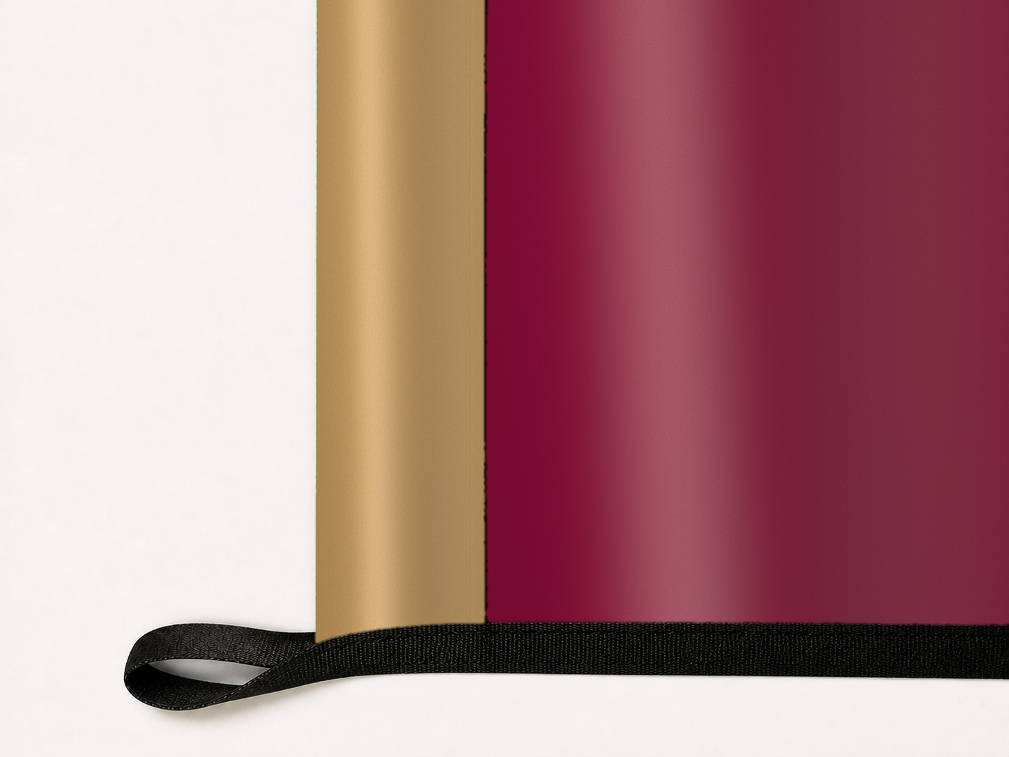 Cleveland Cavaliers Authentic Gameday Flag underside and personalization construction view — continuous restrained woven-satin Cleveland Cavaliers Accent header, textured Cleveland Cavaliers Primary face, lower black loop and perimeter webbing — source_sha256=21f02669ea9d9da604e28f6d4a47df74885648ec09226cd3aea6c48b53d3c21a