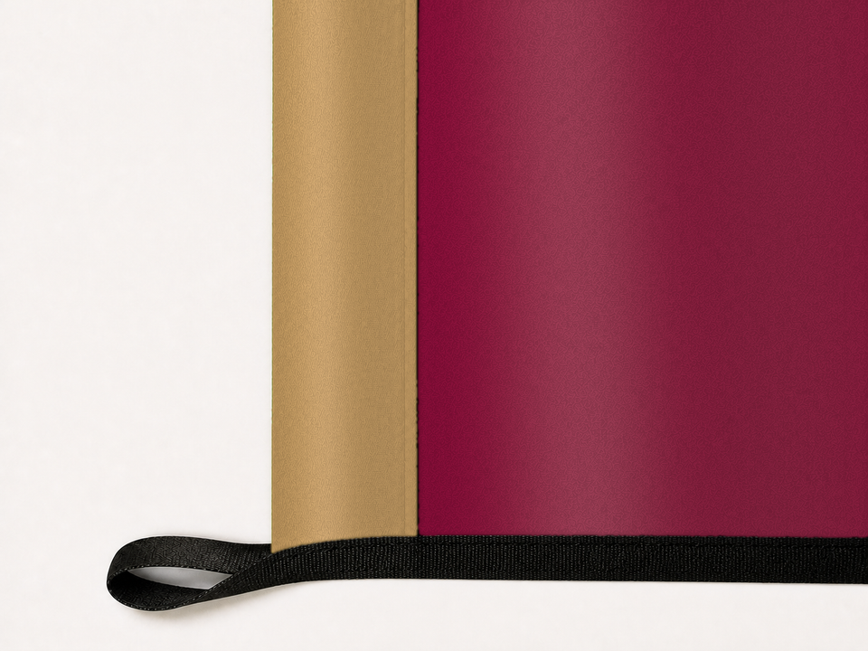 Cleveland Cavaliers Authentic Gameday Flag underside and personalization construction view — continuous restrained woven-satin Cleveland Cavaliers Accent header, textured Cleveland Cavaliers Primary face, lower black loop and perimeter webbing — source_sha256=5ab687ec9c1bae91e8353dff4203cc296997de7934f253d5d7ee5a1d432efb5e