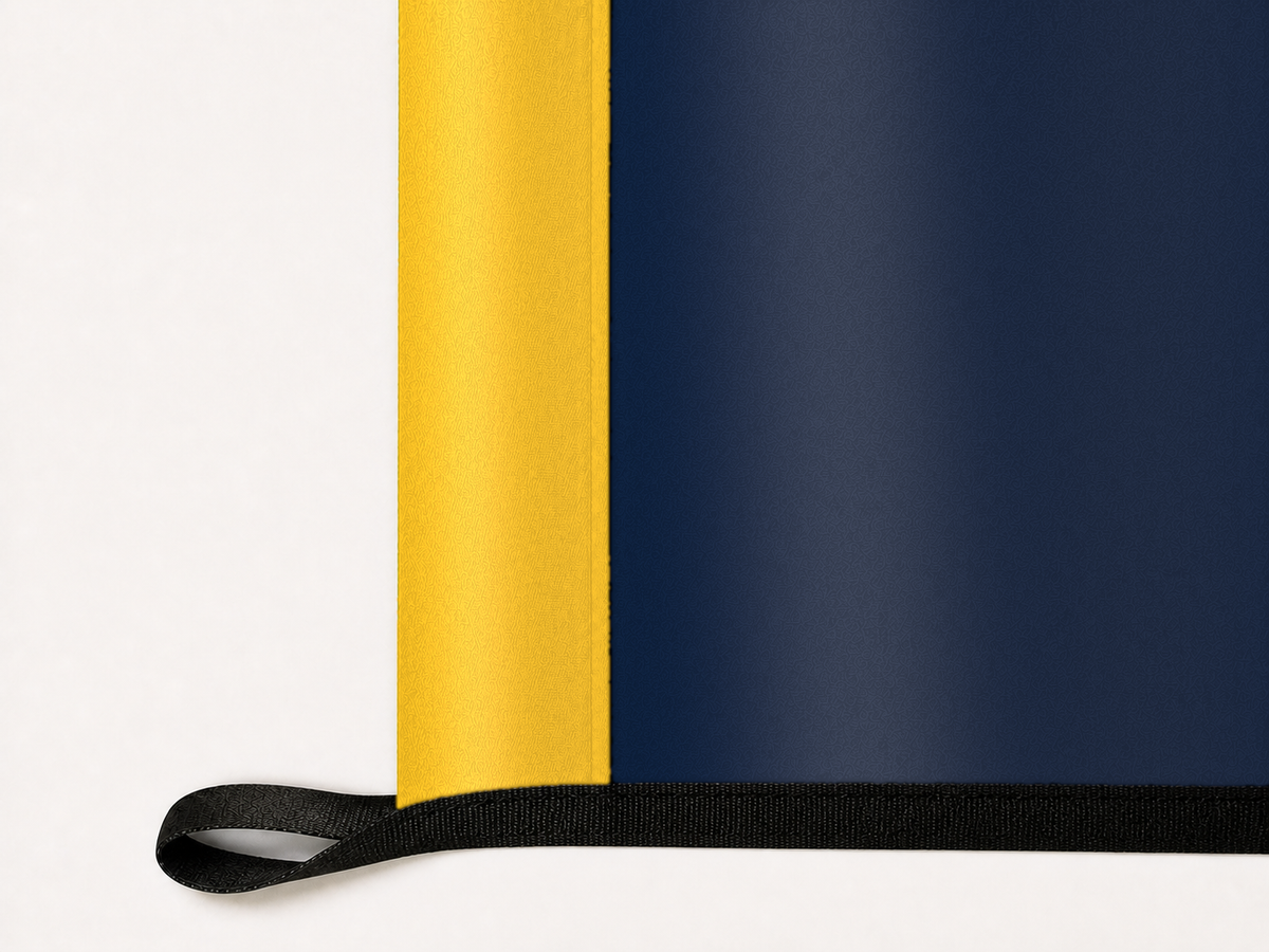 Denver Nuggets Authentic Gameday Flag underside and personalization construction view — continuous restrained woven-satin Denver Nuggets Accent header, textured Denver Nuggets Primary face, lower black loop and perimeter webbing — source_sha256=2712bf09c8f0213170d90b357801209de89b706c0f9a3fcfdee3616c4556bbc4