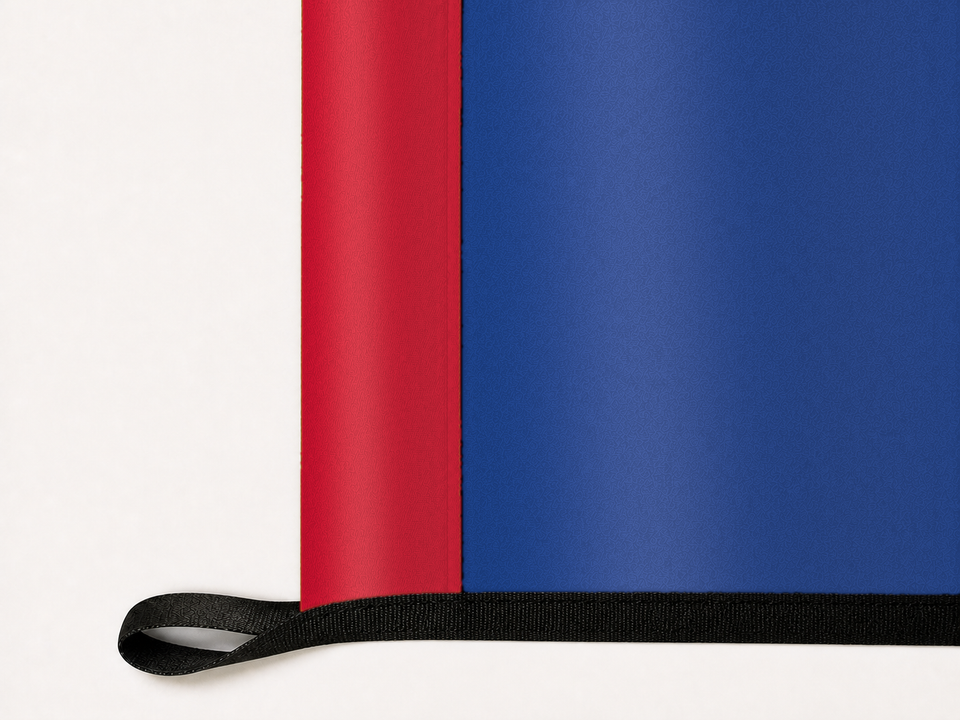 Detroit Pistons Authentic Gameday Flag underside and personalization construction view — continuous restrained woven-satin Detroit Pistons Accent header, textured Detroit Pistons Primary face, lower black loop and perimeter webbing — source_sha256=7007e146fb5171966884545ff2df3cdfbf7f9bd00868a3c2be68488f51623d26