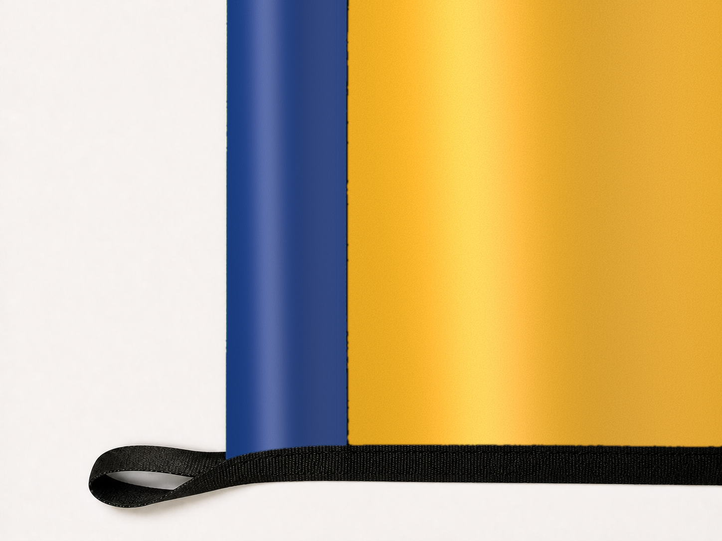 Golden State Warriors Authentic Gameday Flag underside and personalization construction view — continuous restrained woven-satin Golden State Warriors Accent header, textured Golden State Warriors Primary face, lower black loop and perimeter webbing — source_sha256=c19c70e0502b3eac0bc29f0dd93900d355f46801187f4581d83f6679d9f574c0