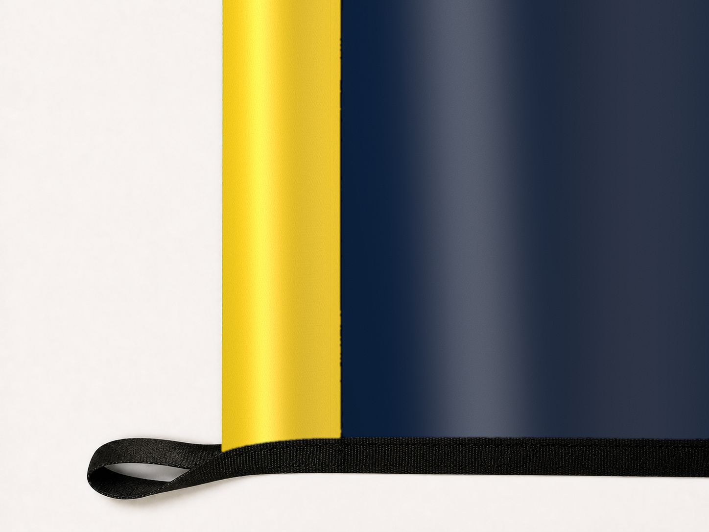 Indiana Pacers Authentic Gameday Flag underside and personalization construction view — continuous restrained woven-satin Indiana Pacers Accent header, textured Indiana Pacers Primary face, lower black loop and perimeter webbing — source_sha256=073be1cc9e4dee16f0ac7f475b177a21cdf19e9bf51538284c1f499c818a952b