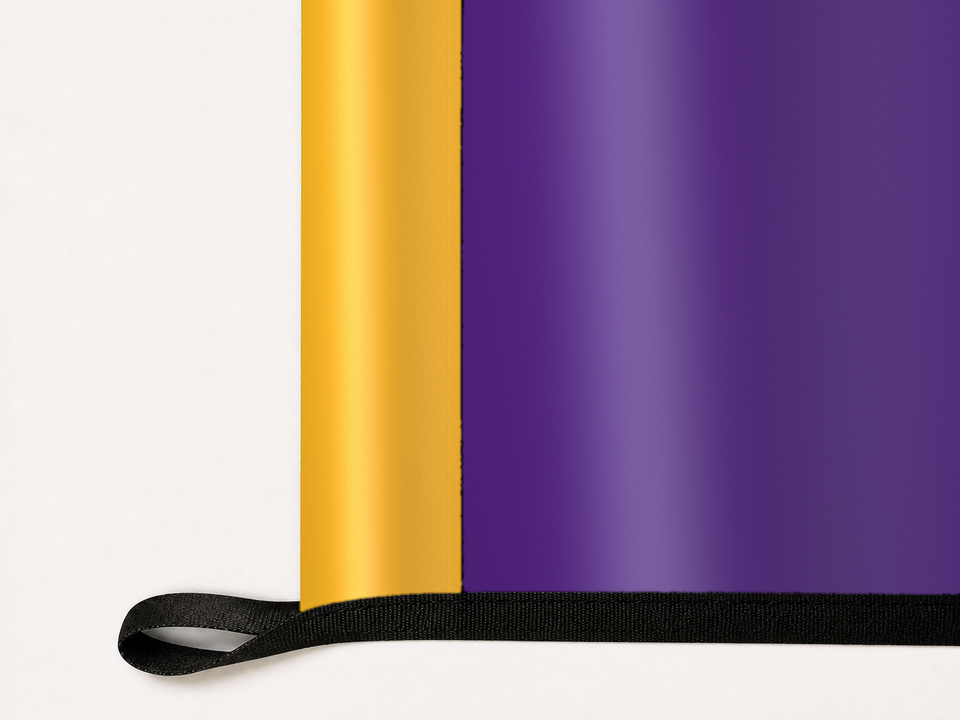Los Angeles Lakers Authentic Gameday Flag underside and personalization construction view — continuous restrained woven-satin Los Angeles Lakers Accent header, textured Los Angeles Lakers Primary face, lower black loop and perimeter webbing — source_sha256=01f09c465880346ec3b44cd610084eeee7c50d228b31c0a4eacb4bbb5e2e2600