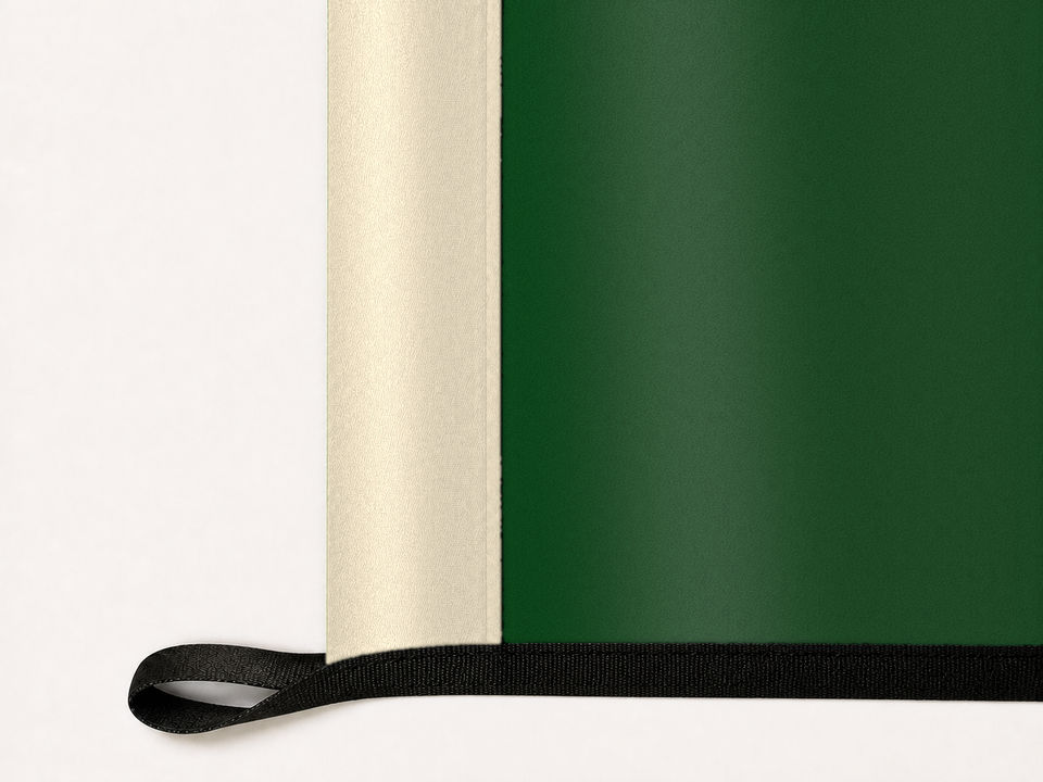 Milwaukee Bucks Authentic Gameday Flag underside and personalization construction view — continuous restrained woven-satin Milwaukee Bucks Accent header, textured Milwaukee Bucks Primary face, lower black loop and perimeter webbing — source_sha256=f27b1e5728f94a94c5b78c46f301a7640668a1b23f8889d64b388eb7240bcd7c