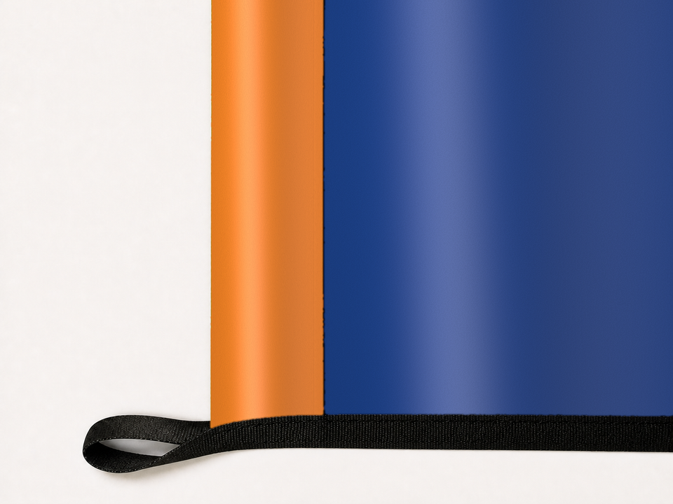 New York Knicks Authentic Gameday Flag underside and personalization construction view — continuous restrained woven-satin New York Knicks Accent header, textured New York Knicks Primary face, lower black loop and perimeter webbing — source_sha256=dd9669d870d0d23c0799d8b7d08cb8c70800685d9654b7fd850cfc3b6ec6606c