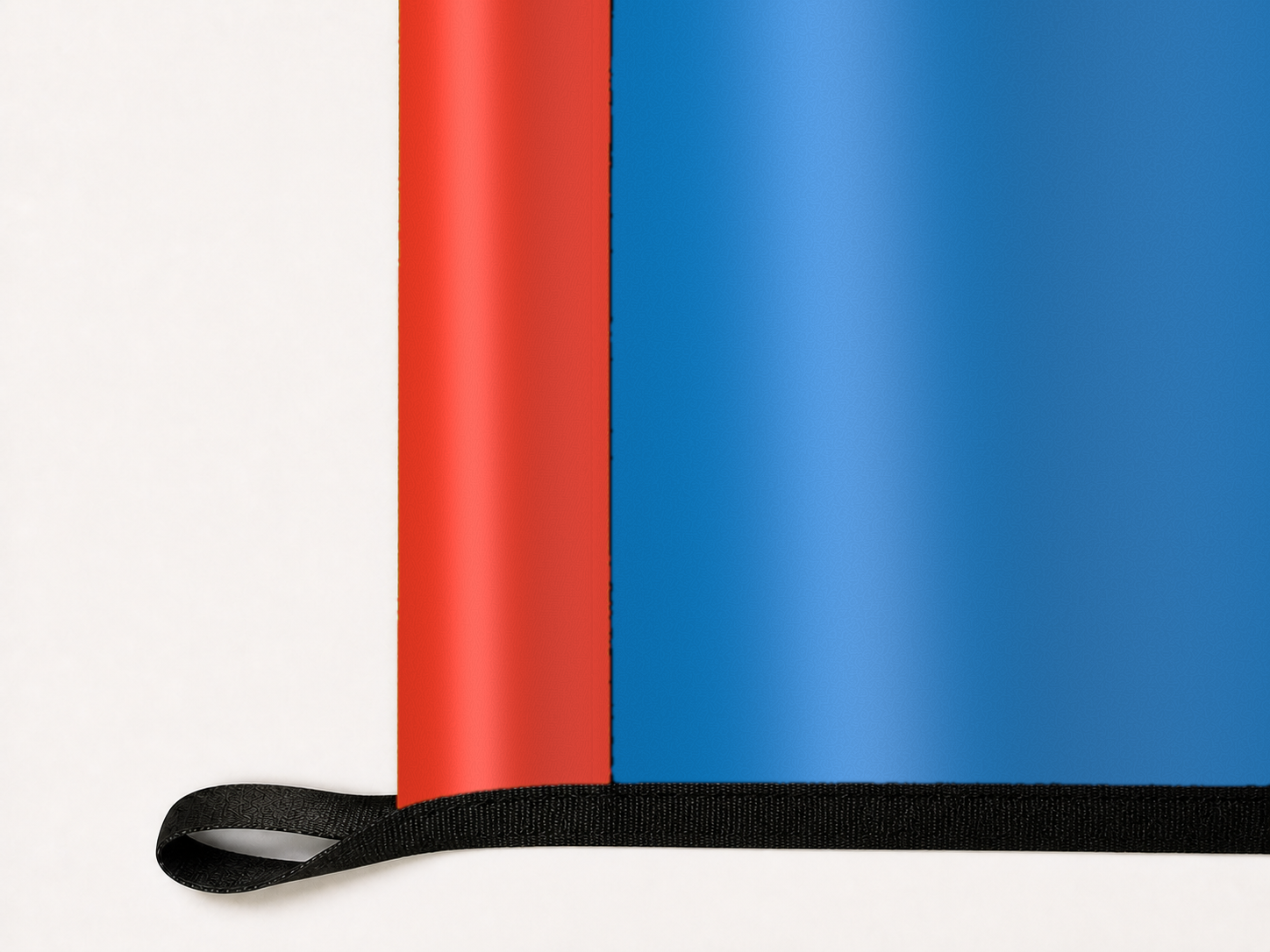 Oklahoma City Thunder Authentic Gameday Flag underside and personalization construction view — continuous restrained woven-satin Oklahoma City Thunder Accent header, textured Oklahoma City Thunder Primary face, lower black loop and perimeter webbing — source_sha256=9ec4de12ed88339192b2497c05e6582fef6d50839fd4a5b5020a5eaedcd31d47