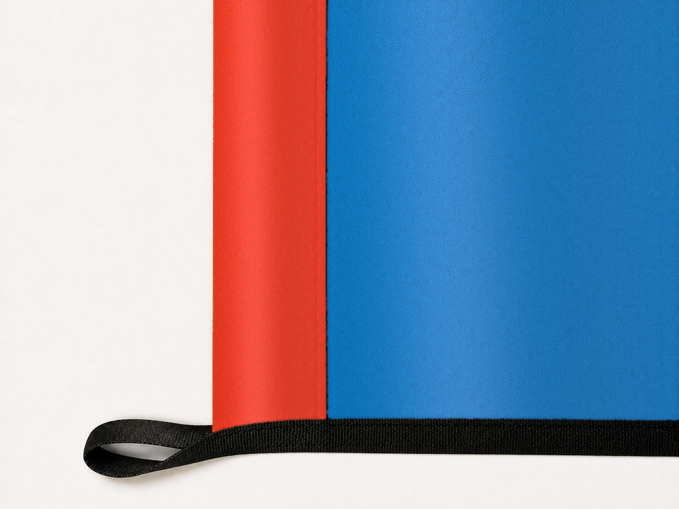 Oklahoma City Thunder Authentic Gameday Flag underside and personalization construction view — continuous restrained woven-satin Oklahoma City Thunder Accent header, textured Oklahoma City Thunder Primary face, lower black loop and perimeter webbing — source_sha256=8f8c4d16dde8887140ff525af07ffb2326ade61ac05b097f61298e7095d91ea1