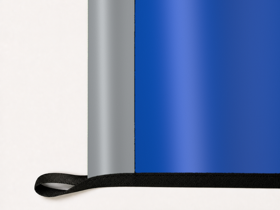 Orlando Magic Authentic Gameday Flag underside and personalization construction view — continuous restrained woven-satin Orlando Magic Accent header, textured Orlando Magic Primary face, lower black loop and perimeter webbing — source_sha256=4532ce85ad4b727f42f6e5fbc1ffce1dcd831b7a4323a41b807f68e080c92ce9