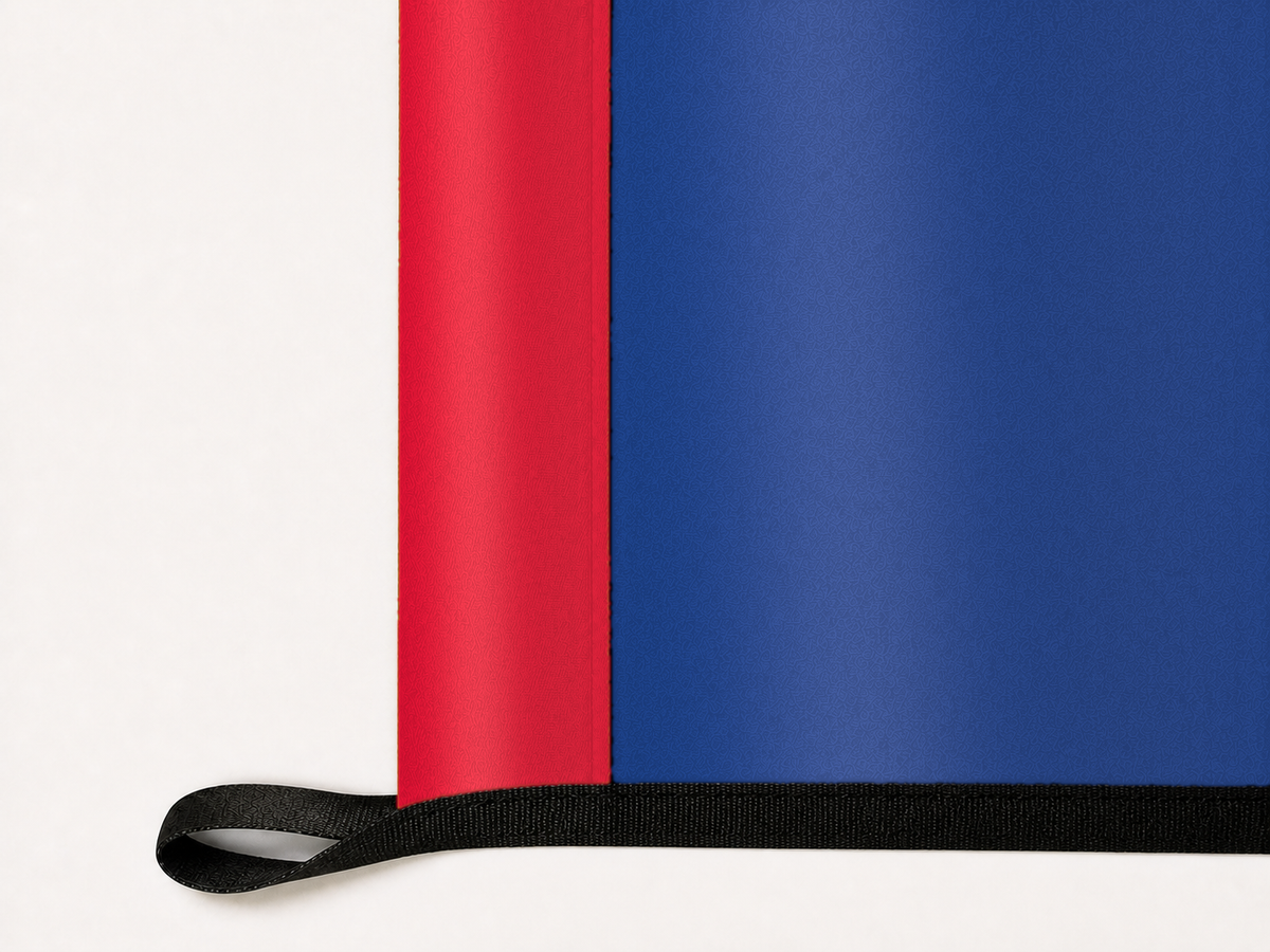 Philadelphia 76ers Authentic Gameday Flag underside and personalization construction view — continuous restrained woven-satin Philadelphia 76ers Accent header, textured Philadelphia 76ers Primary face, lower black loop and perimeter webbing — source_sha256=3fe7da16138c7fd17594653fc6b6a023ab42ba2c9e242aa775429a8ec8224063