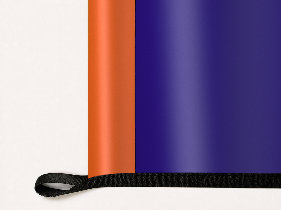 Phoenix Suns Authentic Gameday Flag underside and personalization construction view — continuous restrained woven-satin Phoenix Suns Accent header, textured Phoenix Suns Primary face, lower black loop and perimeter webbing — source_sha256=38299a9a4df032466fbfd01f8f7058d6e52ef26443d99f5849053db7a5ecd109