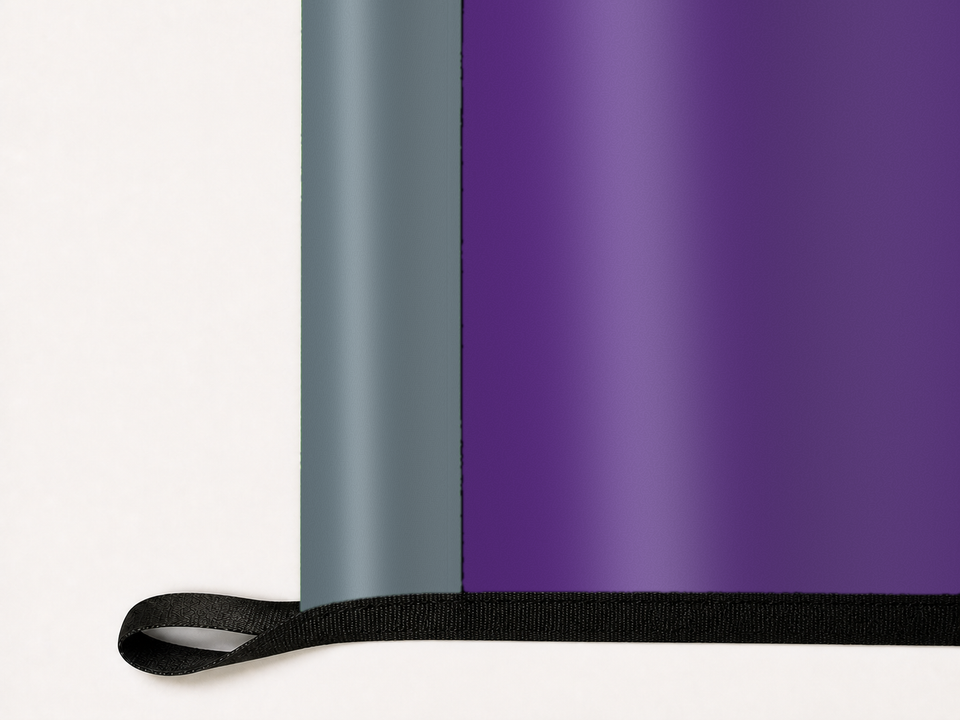 Sacramento Kings Authentic Gameday Flag underside and personalization construction view — continuous restrained woven-satin Sacramento Kings Accent header, textured Sacramento Kings Primary face, lower black loop and perimeter webbing — source_sha256=f476c36b45396182f5af2e4e8752648a336bf24c276fcfbcc3575e6f50e4deb1