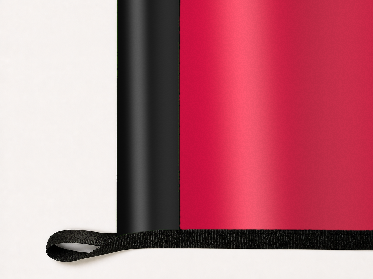 Toronto Raptors Authentic Gameday Flag underside and personalization construction view — continuous restrained woven-satin Toronto Raptors Accent header, textured Toronto Raptors Primary face, lower black loop and perimeter webbing — source_sha256=a61628065fc70399ffb8bfe2682f27a43f1edbfd627525a20fa5767f00174285