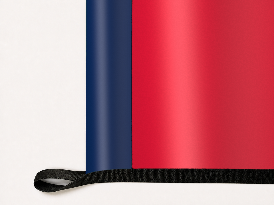 Washington Wizards Authentic Gameday Flag underside and personalization construction view — continuous restrained woven-satin Washington Wizards Accent header, textured Washington Wizards Primary face, lower black loop and perimeter webbing — source_sha256=d4f1010c248bc30970aebabd948bf04d1a20703812116656b22d29f7216da3bc