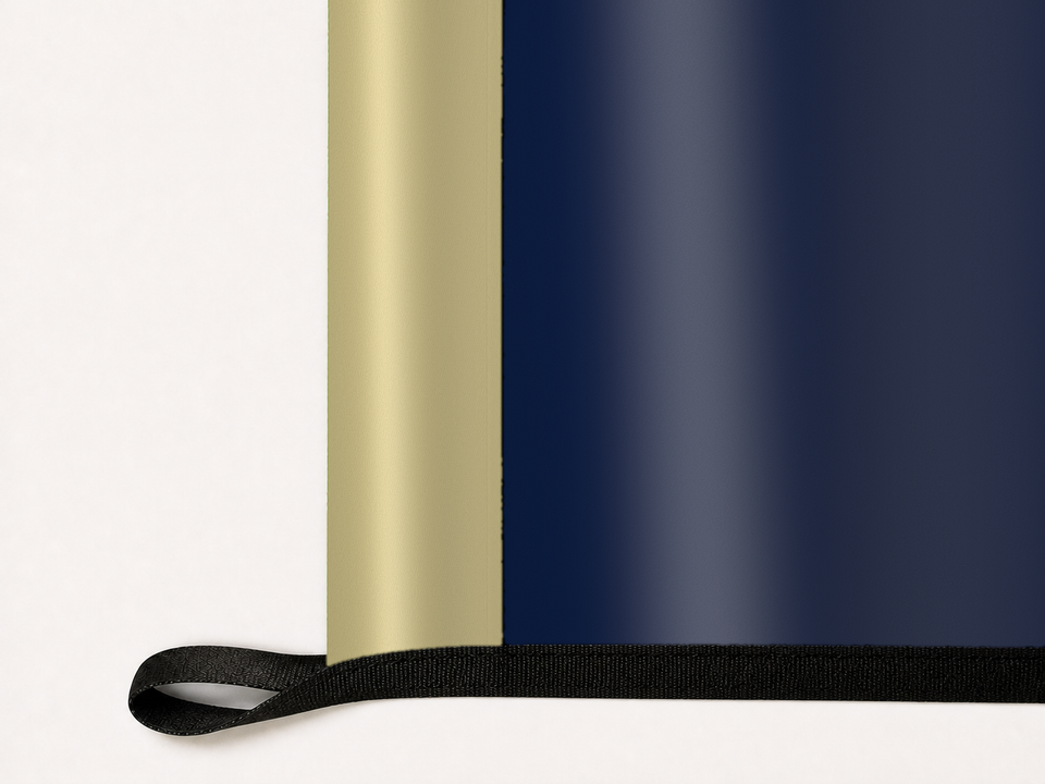 Akron Zips Authentic Gameday Flag underside and personalization construction view — continuous restrained woven-satin Akron Zips Accent header, textured Akron Zips Primary face, lower black loop and perimeter webbing — source_sha256=e6febc86dd61c8dbeb408a4a398d65b623f3fe88ab19eaa72c5aad1c10f761be