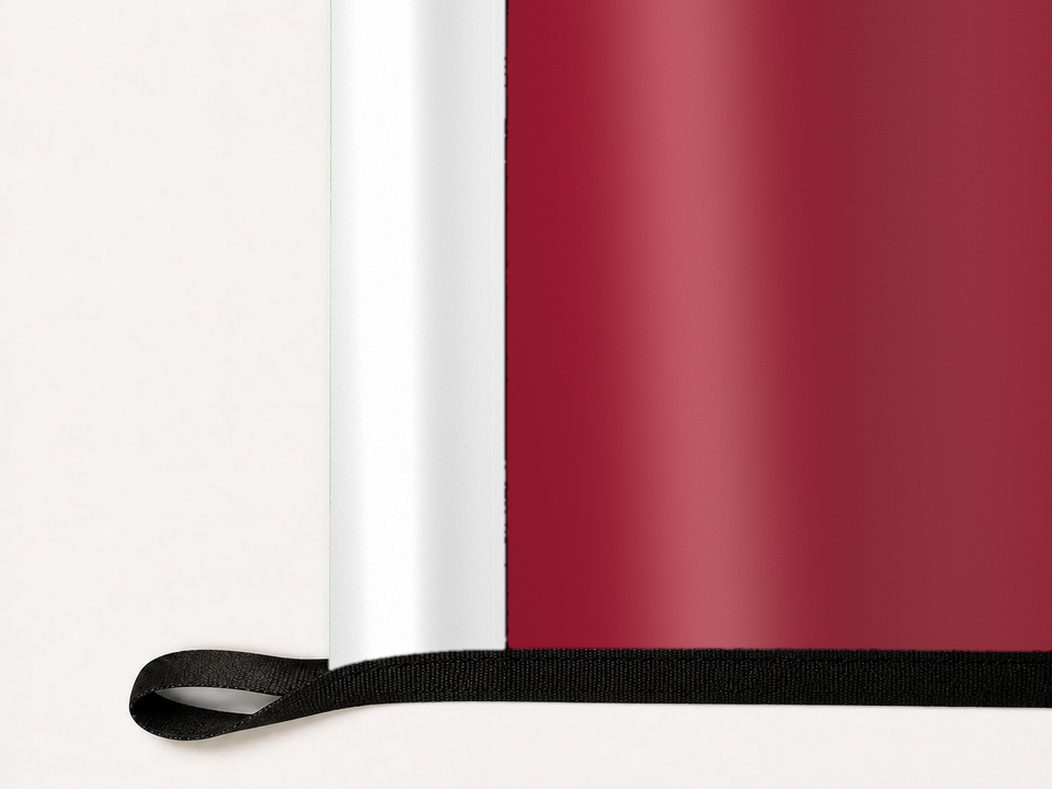 Alabama Crimson Tide Authentic Gameday Flag underside and personalization construction view — continuous restrained woven-satin Alabama Crimson Tide Accent header, textured Alabama Crimson Tide Primary face, lower black loop and perimeter webbing — source_sha256=c1825c95d34e0b4973e6427090592346e938bbed111b887e582041436a8b91b2