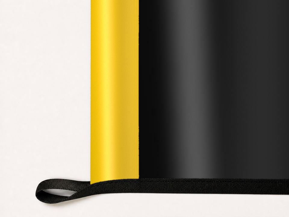 App State Mountaineers Authentic Gameday Flag underside and personalization construction view — continuous restrained woven-satin App State Mountaineers Accent header, textured App State Mountaineers Primary face, lower black loop and perimeter webbing — source_sha256=d2578084bab9e298ea9c2d8cd49c50398ef15391b671d52246ea708f2a32ae39