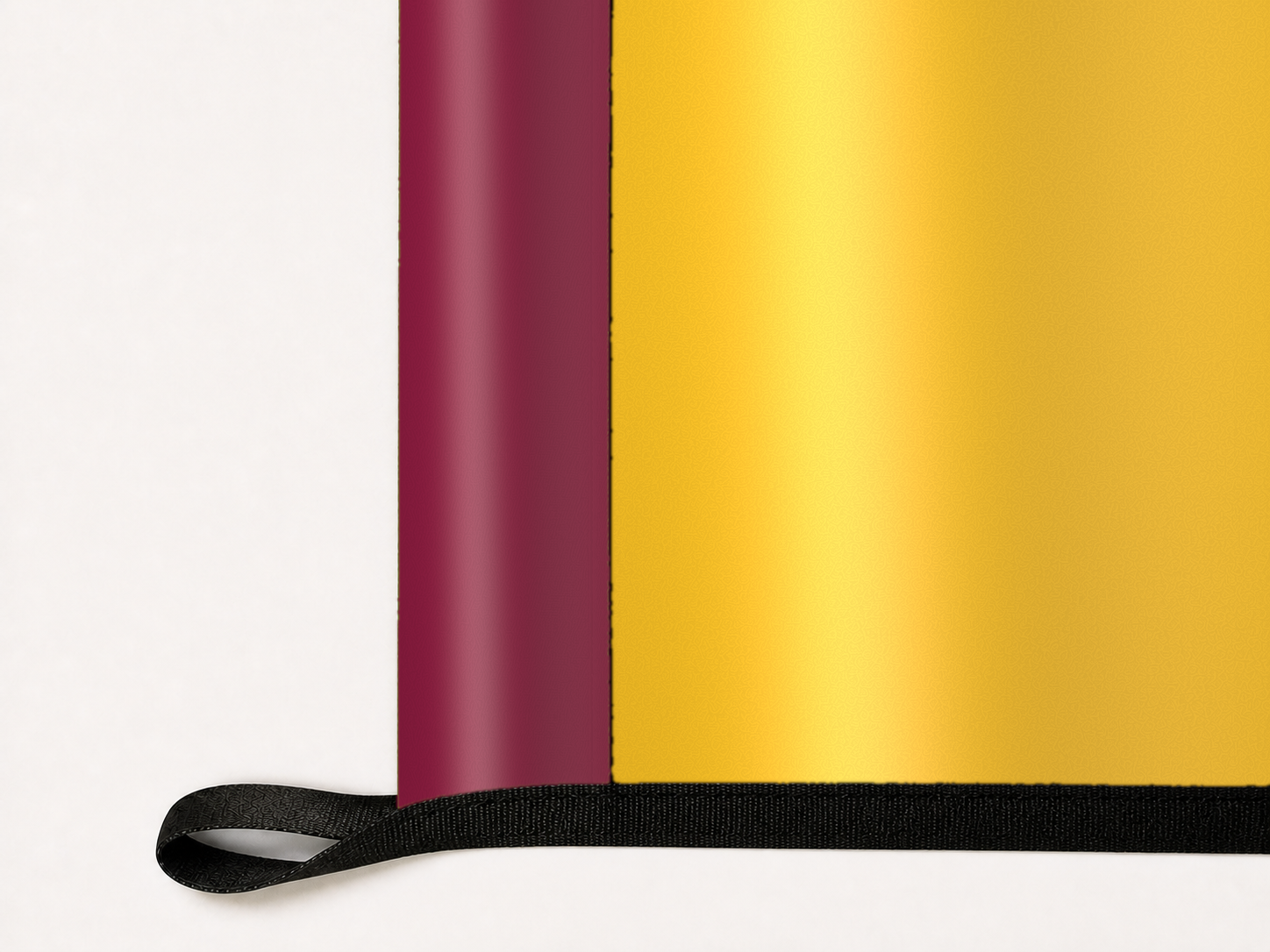 Arizona State Sun Devils Authentic Gameday Flag underside and personalization construction view — continuous restrained woven-satin Arizona State Sun Devils Accent header, textured Arizona State Sun Devils Primary face, lower black loop and perimeter webbing — source_sha256=38ae4c9d29fdad4e1bf4e7cce2b8b34e9539b01ed44a266a6b4ab2e6f2e46c42