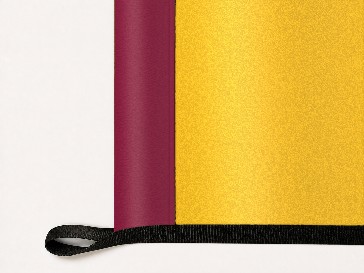 Arizona State Sun Devils Authentic Gameday Flag underside and personalization construction view — continuous restrained woven-satin Arizona State Sun Devils Accent header, textured Arizona State Sun Devils Primary face, lower black loop and perimeter webbing — source_sha256=217d7c8b40de04e078dfeee37651f847917d8d4d9171d79652a7d742992d2595