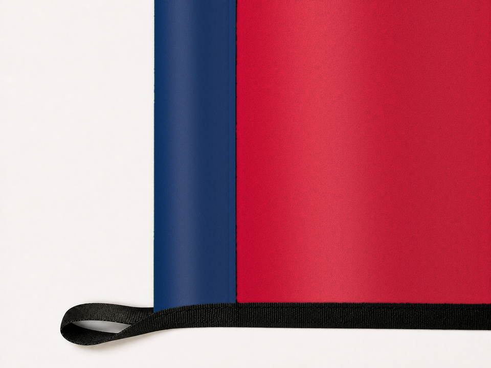 Arizona Wildcats Authentic Gameday Flag underside and personalization construction view — continuous restrained woven-satin Arizona Wildcats Accent header, textured Arizona Wildcats Primary face, lower black loop and perimeter webbing — source_sha256=52376911e536d07ddfcfcc707e6b935ae4c514567cba841359968c682e31c979