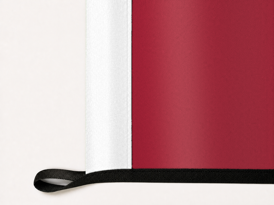 Arkansas Razorbacks Authentic Gameday Flag underside and personalization construction view — continuous restrained woven-satin Arkansas Razorbacks Accent header, textured Arkansas Razorbacks Primary face, lower black loop and perimeter webbing — source_sha256=ee1246f2dc62fd730e762b66f9c10539a36bbae6b736b3bbce5dc9d663b63f15