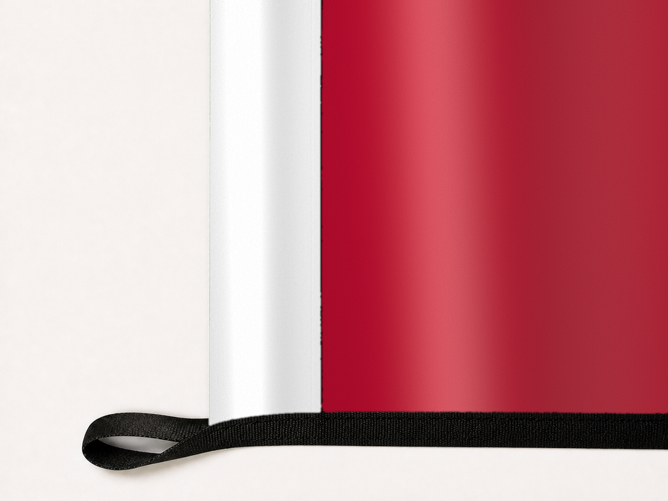 Ball State Cardinals Authentic Gameday Flag underside and personalization construction view — continuous restrained woven-satin Ball State Cardinals Accent header, textured Ball State Cardinals Primary face, lower black loop and perimeter webbing — source_sha256=bc2dc74700c55754ac6359016e0aaeb2235458a6485e974eb72c0d31edf020e7