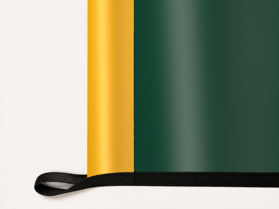 Baylor Bears Authentic Gameday Flag underside and personalization construction view — continuous restrained woven-satin Baylor Bears Accent header, textured Baylor Bears Primary face, lower black loop and perimeter webbing — source_sha256=dd65a6bab5627ca440b504a8a55041e46720866d655ea0621c4f3b5a0b1ac47b