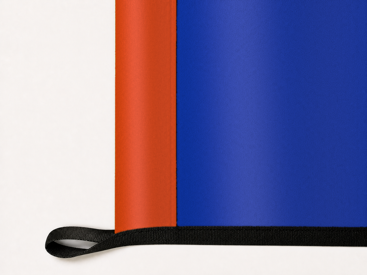 Boise State Broncos Authentic Gameday Flag underside and personalization construction view — continuous restrained woven-satin Boise State Broncos Accent header, textured Boise State Broncos Primary face, lower black loop and perimeter webbing — source_sha256=5a545a018e911ce2db9d5cbe67a68029abbc6fafb412ef036289998cd4487d42