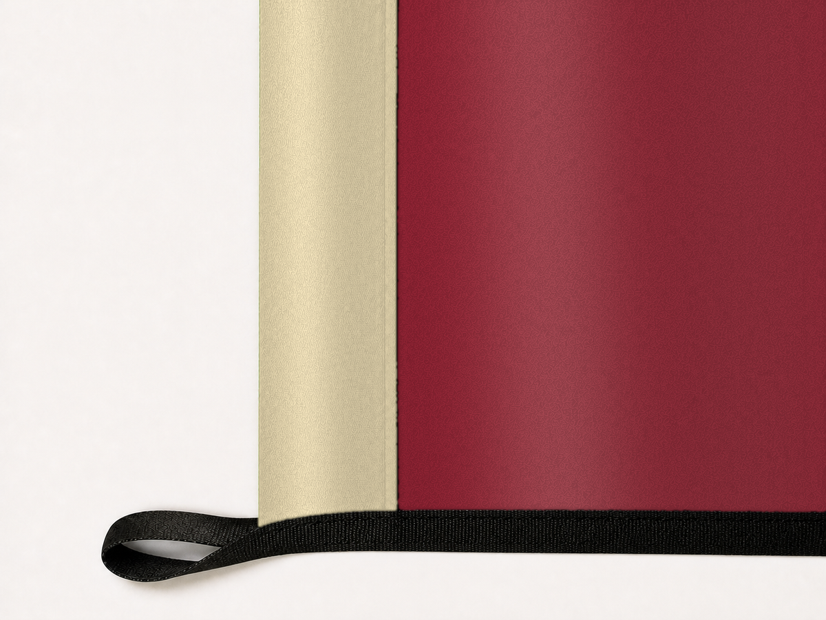 Boston College Eagles Authentic Gameday Flag underside and personalization construction view — continuous restrained woven-satin Boston College Eagles Accent header, textured Boston College Eagles Primary face, lower black loop and perimeter webbing — source_sha256=6f350acea1be8e673ca1492448dfb1c0dae84090d48aa1a6e8db19f823a37974