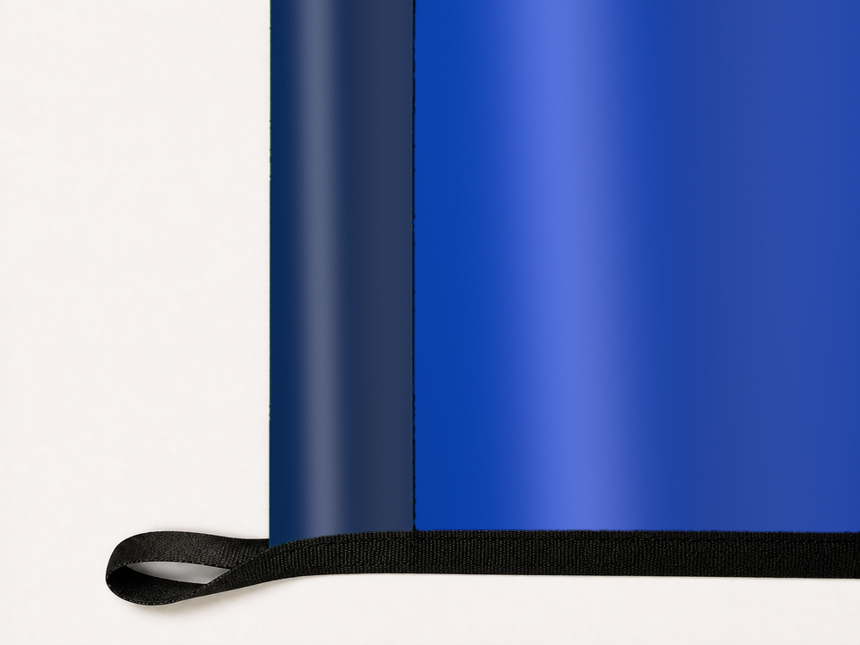 BYU Cougars Authentic Gameday Flag underside and personalization construction view — continuous restrained woven-satin BYU Cougars Accent header, textured BYU Cougars Primary face, lower black loop and perimeter webbing — source_sha256=f6dc31f2e2c400b9e092bc1cfd3bebde2b38a327f89abe2eb03c154b9786a0d3