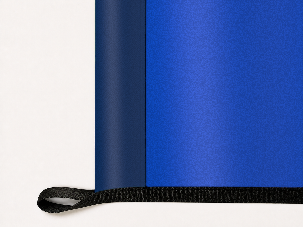 BYU Cougars Authentic Gameday Flag underside and personalization construction view — continuous restrained woven-satin BYU Cougars Accent header, textured BYU Cougars Primary face, lower black loop and perimeter webbing — source_sha256=be7adf39597ab2068f9e21f6be6b4ef77aa6eb592767d04ad406ad22fbee3401