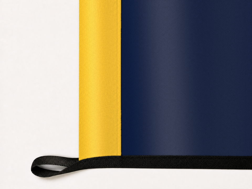 California Golden Bears Authentic Gameday Flag underside and personalization construction view — continuous restrained woven-satin California Golden Bears Accent header, textured California Golden Bears Primary face, lower black loop and perimeter webbing — source_sha256=a2f92fbc46e90f4f81d7356c7be4bce4fcbf57c962d1a3309b63b58f06259244