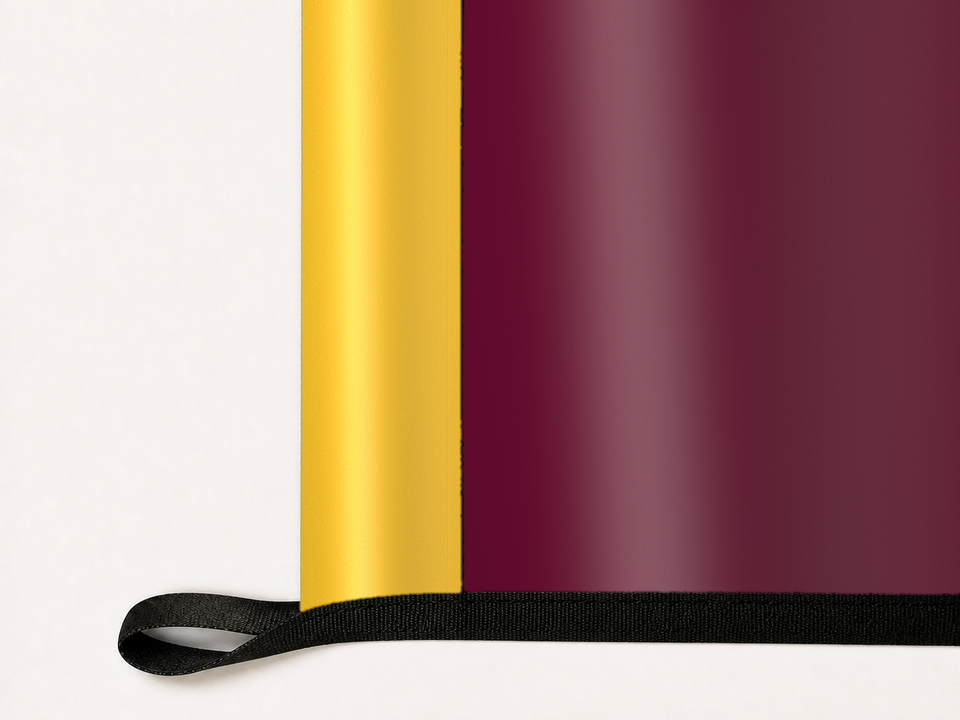 Central Michigan Chippewas Authentic Gameday Flag underside and personalization construction view — continuous restrained woven-satin Central Michigan Chippewas Accent header, textured Central Michigan Chippewas Primary face, lower black loop and perimeter webbing — source_sha256=7747e5506de67d75c3878ef5f4f4470c405bf7f88501d83871d4a354b3481979