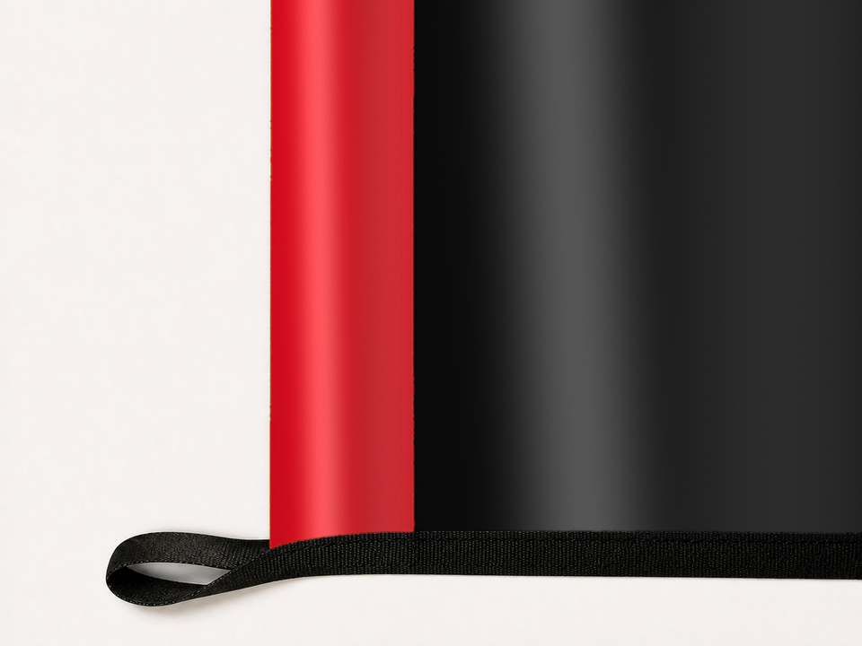 Cincinnati Bearcats Authentic Gameday Flag underside and personalization construction view — continuous restrained woven-satin Cincinnati Bearcats Accent header, textured Cincinnati Bearcats Primary face, lower black loop and perimeter webbing — source_sha256=6f15c825f4fe7905b7a10c131284b56309fb5fb25f136ce16a41cfc0186cc296